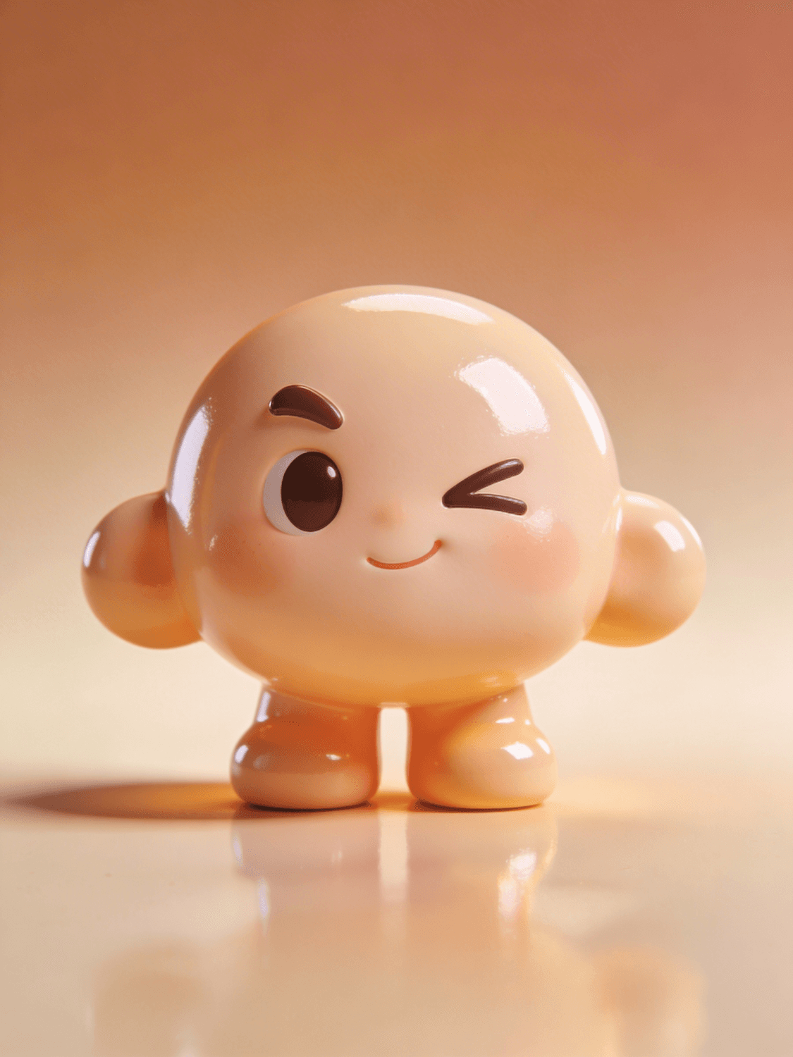 Glossy winking toy character standing on a warm peach surface