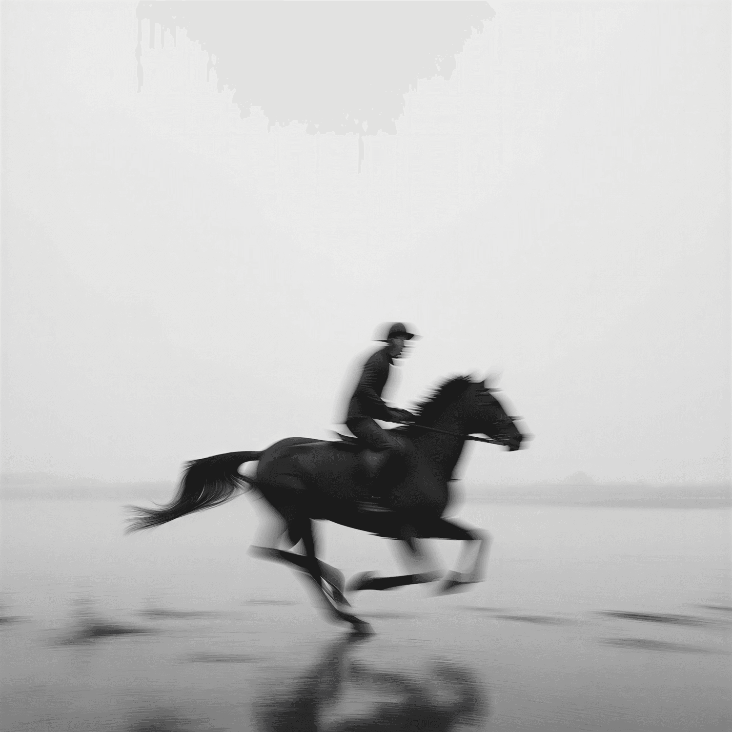 Black and white photograph of a rider galloping across a misty beach
