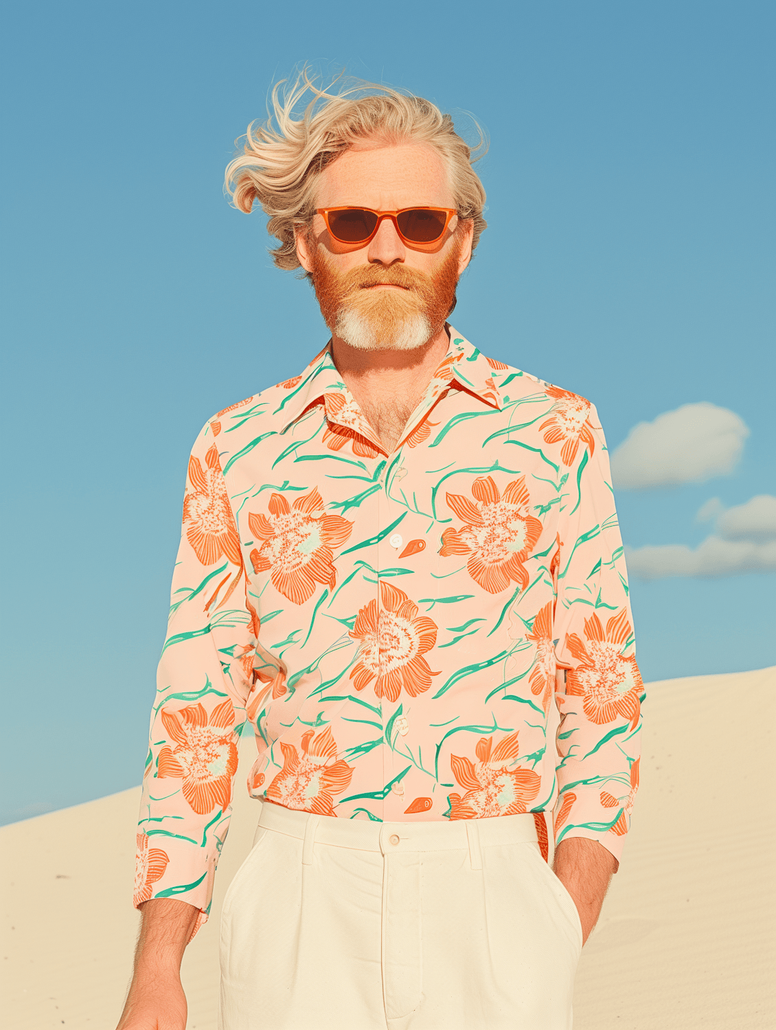 Man with windswept blond hair in orange sunglasses and a floral shirt under a blue sky