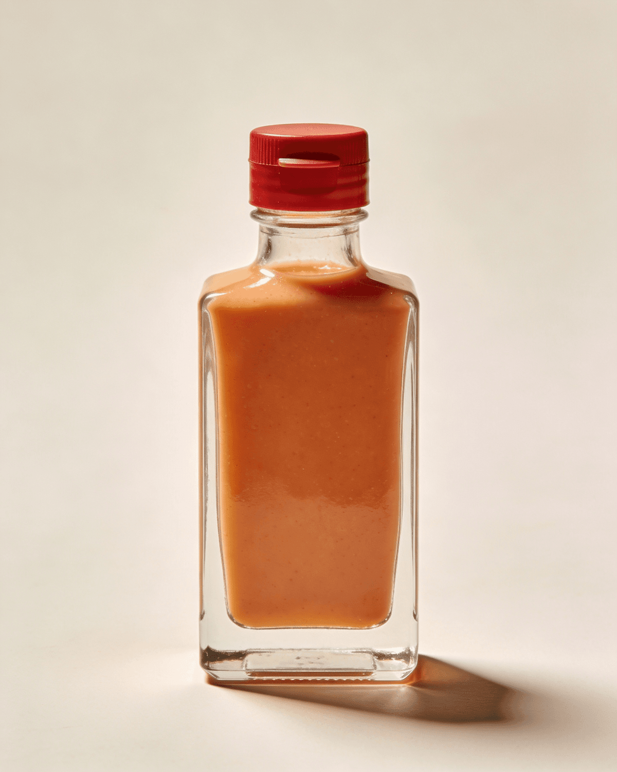 Glass bottle of orange sauce with a red cap on a warm cream background