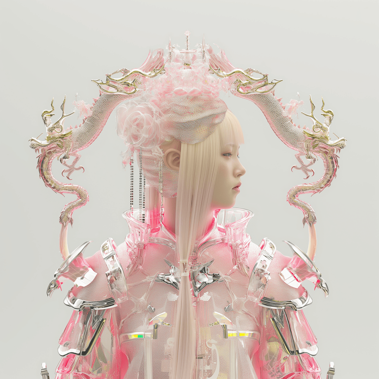 Futuristic figure in translucent pink armor framed by chrome dragons