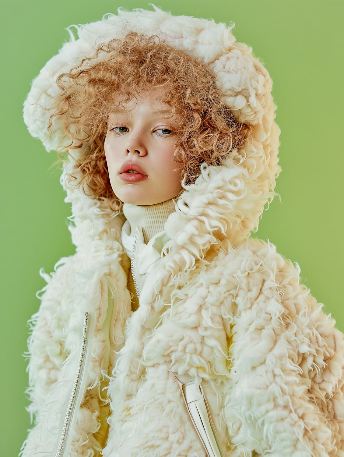 Model with copper curls in a cream shearling coat against a green backdrop