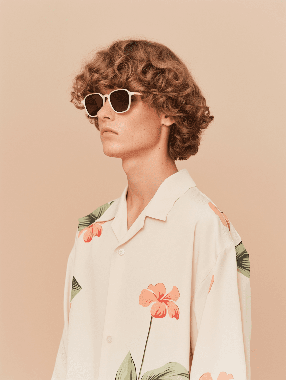 Young man in sunglasses and a floral shirt photographed for a fashion campaign