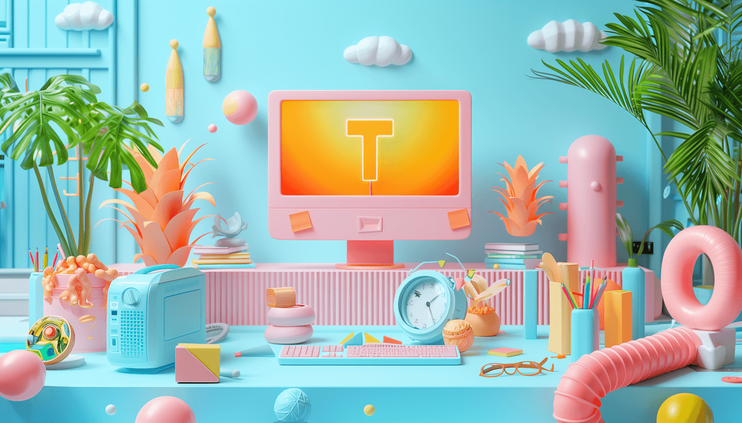 Playful pastel workspace with a pink monitor, plants and colorful desk objects